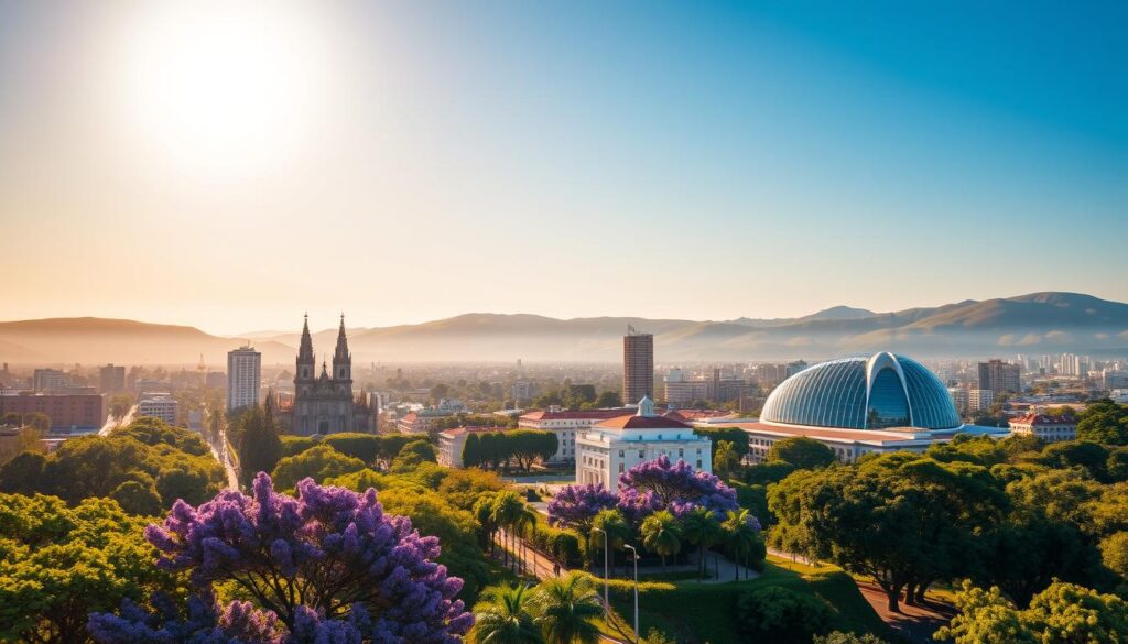 A vibrant, sun-drenched cityscape of Maringá, the "City of Song", captured in a wide, panoramic view. In the foreground, lush, verdant parks and leafy boulevards dotted with blooming jacaranda trees. The middle ground showcases the city's iconic architectural marvels, including the soaring spires of the Cathedral of Saint Mary the Virgin and the sleek, modernist lines of the Caio Graco Prado Municipal Theater. In the distant background, the rolling green hills of the surrounding countryside provide a picturesque backdrop, bathed in warm, golden light. The scene evokes a harmonious blend of urban sophistication and natural beauty, reflecting Maringá's reputation as a vibrant, livable city. A vibrant, sun-drenched cityscape of Maringá, the "City of Song", captured in a wide, panoramic view. In the foreground, lush, verdant parks and leafy boulevards dotted with blooming jacaranda trees. The middle ground showcases the city's iconic architectural marvels, including the soaring spires of the Cathedral of Saint Mary the Virgin and the sleek, modernist lines of the Caio Graco Prado Municipal Theater. In the distant background, the rolling green hills of the surrounding countryside provide a picturesque backdrop, bathed in warm, golden light. The scene evokes a harmonious blend of urban sophistication and natural beauty, reflecting Maringá's reputation as a vibrant, livable city.