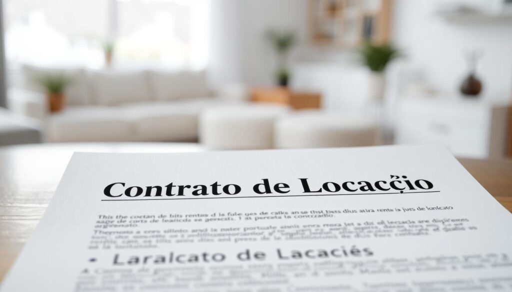 A well-lit, high-contrast image of a legal contract for a rental agreement, with the title "Contrato de Locação" prominently displayed in the foreground. The contract should appear crisp and legible, with a neutral, professional aesthetic. In the background, a softly blurred interior scene suggests a residential setting, hinting at the context of the rental agreement. The overall mood should convey a sense of formality and legal authority, reflecting the importance of the rental contract in the landlord-tenant relationship. A well-lit, high-contrast image of a legal contract for a rental agreement, with the title "Contrato de Locação" prominently displayed in the foreground. The contract should appear crisp and legible, with a neutral, professional aesthetic. In the background, a softly blurred interior scene suggests a residential setting, hinting at the context of the rental agreement. The overall mood should convey a sense of formality and legal authority, reflecting the importance of the rental contract in the landlord-tenant relationship.