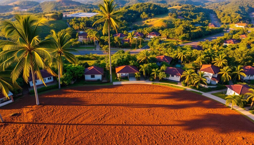 Aerial view of a lush, verdant residential neighborhood in Maringá, Brazil. In the foreground, a vast, open plot of land awaits development, its soil rich and fertile. Towering palm trees sway gently in the warm breeze, casting long shadows across the scene. The middle ground features well-maintained homes, their red-tiled roofs and stucco walls blending harmoniously with the surrounding greenery. In the distance, the iconic Parque do Ingá can be seen, its rolling hills and dense foliage creating a picturesque backdrop. Warm, golden sunlight bathes the entire landscape, evoking a sense of tranquility and opportunity for the prospective land buyer. Aerial view of a lush, verdant residential neighborhood in Maringá, Brazil. In the foreground, a vast, open plot of land awaits development, its soil rich and fertile. Towering palm trees sway gently in the warm breeze, casting long shadows across the scene. The middle ground features well-maintained homes, their red-tiled roofs and stucco walls blending harmoniously with the surrounding greenery. In the distance, the iconic Parque do Ingá can be seen, its rolling hills and dense foliage creating a picturesque backdrop. Warm, golden sunlight bathes the entire landscape, evoking a sense of tranquility and opportunity for the prospective land buyer.