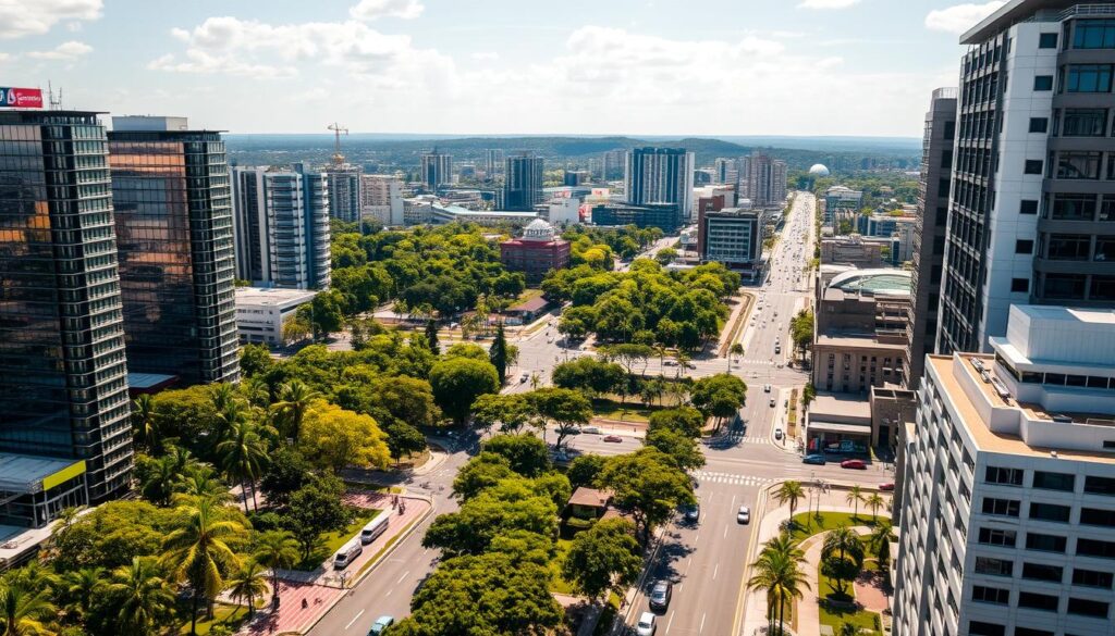 An expansive cityscape of Maringá, a meticulously planned city in the heart of Paraná, Brazil. In the foreground, modern high-rises and office buildings stand tall, their glass facades gleaming in the warm, golden sunlight. Mid-ground features a network of wide, tree-lined avenues and bustling streets, with vehicles and pedestrians navigating the well-organized infrastructure. In the background, a verdant canopy of lush, tropical greenery frames the urban landscape, hinting at Maringá's reputation as the "Green City." The scene conveys a harmonious blend of urban development and natural elements, reflecting the careful planning and design principles that have shaped this exemplary Brazilian city. An expansive cityscape of Maringá, a meticulously planned city in the heart of Paraná, Brazil. In the foreground, modern high-rises and office buildings stand tall, their glass facades gleaming in the warm, golden sunlight. Mid-ground features a network of wide, tree-lined avenues and bustling streets, with vehicles and pedestrians navigating the well-organized infrastructure. In the background, a verdant canopy of lush, tropical greenery frames the urban landscape, hinting at Maringá's reputation as the "Green City." The scene conveys a harmonious blend of urban development and natural elements, reflecting the careful planning and design principles that have shaped this exemplary Brazilian city.