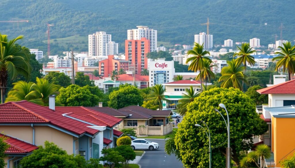 Maringá, a vibrant Brazilian city, set against a backdrop of lush greenery. In the foreground, a neighborhood street lined with well-maintained homes, their facades reflecting the distinct architectural styles of the region. In the middle ground, a bustling commercial area with modern buildings, lively cafes, and thriving local businesses. The background showcases the city's skyline, punctuated by high-rise residential towers and towering palm trees. The scene conveys a sense of balanced urban development, with a focus on community, sustainability, and quality of life. Soft, warm lighting filters through the scene, creating a welcoming and inviting atmosphere. This image captures the key criteria for choosing the ideal neighborhood in Maringá: a harmonious blend of residential, commercial, and natural elements that cater to the diverse needs of its residents. Maringá, a vibrant Brazilian city, set against a backdrop of lush greenery. In the foreground, a neighborhood street lined with well-maintained homes, their facades reflecting the distinct architectural styles of the region. In the middle ground, a bustling commercial area with modern buildings, lively cafes, and thriving local businesses. The background showcases the city's skyline, punctuated by high-rise residential towers and towering palm trees. The scene conveys a sense of balanced urban development, with a focus on community, sustainability, and quality of life. Soft, warm lighting filters through the scene, creating a welcoming and inviting atmosphere. This image captures the key criteria for choosing the ideal neighborhood in Maringá: a harmonious blend of residential, commercial, and natural elements that cater to the diverse needs of its residents.