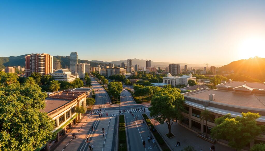 Maringá, a vibrant city in southern Brazil, shines with its lush greenery, modern infrastructure, and thriving cultural scene. Capture the essence of this captivating metropolis with a panoramic view of its verdant parks, tree-lined avenues, and sleek high-rise buildings. Bathe the scene in warm, golden sunlight, casting long shadows and highlighting the city's architectural elegance. In the foreground, showcase the city's bustling pedestrian zones, where locals and visitors alike stroll, dine, and enjoy the vibrant atmosphere. Craft a sense of balance and harmony, reflecting Maringá's reputation as a livable and sustainable urban oasis. Maringá, a vibrant city in southern Brazil, shines with its lush greenery, modern infrastructure, and thriving cultural scene. Capture the essence of this captivating metropolis with a panoramic view of its verdant parks, tree-lined avenues, and sleek high-rise buildings. Bathe the scene in warm, golden sunlight, casting long shadows and highlighting the city's architectural elegance. In the foreground, showcase the city's bustling pedestrian zones, where locals and visitors alike stroll, dine, and enjoy the vibrant atmosphere. Craft a sense of balance and harmony, reflecting Maringá's reputation as a livable and sustainable urban oasis.