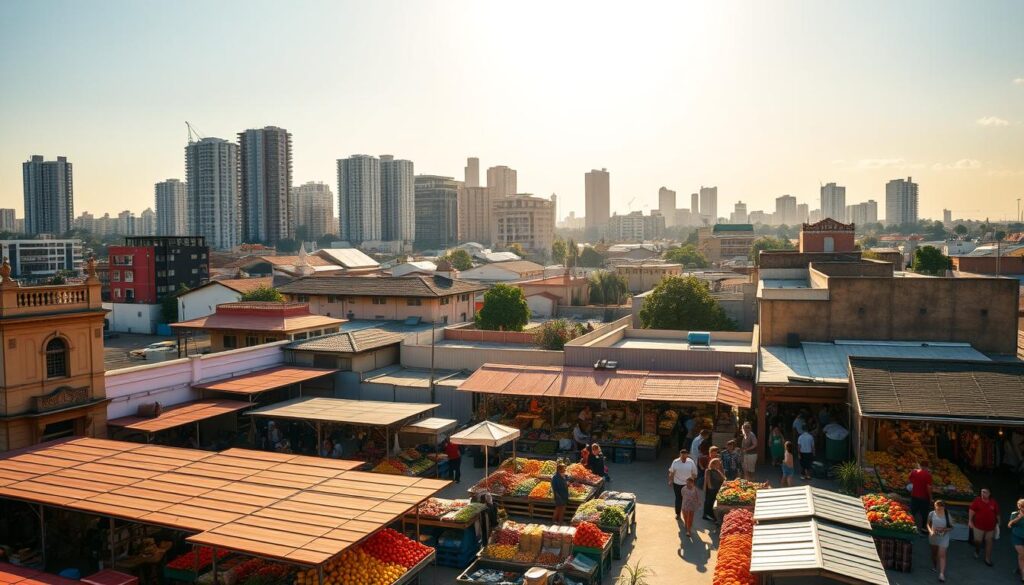 Panoramic view of a bustling mercado area in Maringá, Brazil. In the foreground, clusters of produce stalls and food vendors, their stalls overflowing with vibrant fruits, vegetables, and local delicacies. The middle ground features a mix of traditional and modern architecture, with pastel-colored buildings and ornate facades interspersed with sleek high-rises. In the background, the skyline is dominated by towering apartment complexes, reflecting the city's dynamic real estate market. Warm, golden sunlight filters through, casting a cozy, lively atmosphere over the entire scene. The overall composition captures the energy and diversity of Maringá's thriving mercado district. Panoramic view of a bustling mercado area in Maringá, Brazil. In the foreground, clusters of produce stalls and food vendors, their stalls overflowing with vibrant fruits, vegetables, and local delicacies. The middle ground features a mix of traditional and modern architecture, with pastel-colored buildings and ornate facades interspersed with sleek high-rises. In the background, the skyline is dominated by towering apartment complexes, reflecting the city's dynamic real estate market. Warm, golden sunlight filters through, casting a cozy, lively atmosphere over the entire scene. The overall composition captures the energy and diversity of Maringá's thriving mercado district.