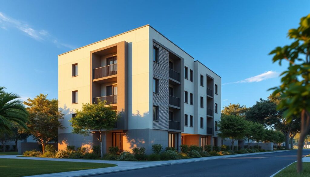 Programa Minha Casa Minha Vida: an architectural rendering of a modern, medium-sized residential building with a distinctive facade and clean lines. The building stands prominently in the foreground, surrounded by lush greenery and a clear blue sky. Warm, diffused lighting illuminates the scene, creating a welcoming and inviting atmosphere. The building's design features a mix of materials, including concrete, glass, and textured accents, reflecting the program's emphasis on accessible and well-designed affordable housing. The composition is balanced, with the building occupying a central position and the surrounding environment providing a harmonious backdrop. The overall scene conveys a sense of vibrancy, functionality, and the program's commitment to improving quality of life for its beneficiaries. Programa Minha Casa Minha Vida: an architectural rendering of a modern, medium-sized residential building with a distinctive facade and clean lines. The building stands prominently in the foreground, surrounded by lush greenery and a clear blue sky. Warm, diffused lighting illuminates the scene, creating a welcoming and inviting atmosphere. The building's design features a mix of materials, including concrete, glass, and textured accents, reflecting the program's emphasis on accessible and well-designed affordable housing. The composition is balanced, with the building occupying a central position and the surrounding environment providing a harmonious backdrop. The overall scene conveys a sense of vibrancy, functionality, and the program's commitment to improving quality of life for its beneficiaries.