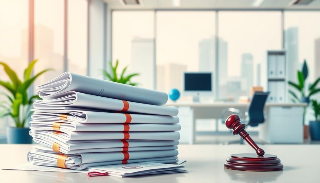 Registro imóvel: a vibrant, detailed illustration depicting the legal documentation and paperwork associated with real estate transactions. The foreground features a stack of official documents, seals, and stamps, symbolizing the various legal and administrative steps involved in purchasing a property. The middle ground showcases a pristine, modern office setting with a sleek desk, computer, and professional office supplies, conveying the formal, organized atmosphere of the real estate industry. The background is softly blurred, hinting at the broader context of the housing market and urban landscapes. The overall mood is one of professionalism, precision, and the importance of proper legal procedures in the home buying process. Registro imóvel: a vibrant, detailed illustration depicting the legal documentation and paperwork associated with real estate transactions. The foreground features a stack of official documents, seals, and stamps, symbolizing the various legal and administrative steps involved in purchasing a property. The middle ground showcases a pristine, modern office setting with a sleek desk, computer, and professional office supplies, conveying the formal, organized atmosphere of the real estate industry. The background is softly blurred, hinting at the broader context of the housing market and urban landscapes. The overall mood is one of professionalism, precision, and the importance of proper legal procedures in the home buying process.