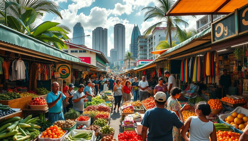 A bustling Brazilian mercado (marketplace) filled with vibrant stalls, overflowing with an abundance of fresh produce, colorful textiles, and lively crowds. The foreground features vendors arranging their wares, gesticulating animatedly as they engage with potential customers. The middle ground showcases the diverse array of goods on display, from tropical fruits and vegetables to handcrafted artisanal items. In the background, towering buildings and a sun-dappled sky create a sense of place, conveying the energy and dynamism of the urban setting. The scene is illuminated by warm, natural lighting, casting a soft glow and creating a welcoming, immersive atmosphere. Overall, the image captures the essence of the thriving Brazilian real estate market, where commerce, culture, and community converge. A bustling Brazilian mercado (marketplace) filled with vibrant stalls, overflowing with an abundance of fresh produce, colorful textiles, and lively crowds. The foreground features vendors arranging their wares, gesticulating animatedly as they engage with potential customers. The middle ground showcases the diverse array of goods on display, from tropical fruits and vegetables to handcrafted artisanal items. In the background, towering buildings and a sun-dappled sky create a sense of place, conveying the energy and dynamism of the urban setting. The scene is illuminated by warm, natural lighting, casting a soft glow and creating a welcoming, immersive atmosphere. Overall, the image captures the essence of the thriving Brazilian real estate market, where commerce, culture, and community converge.