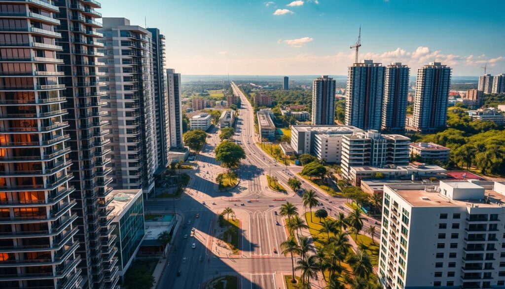 A bustling Maringá real estate market in 2023, captured through the lens of an aerial cityscape. Towering high-rise condominiums and modern apartment buildings stand tall, their sleek glass facades reflecting the warm, golden hues of the afternoon sun. Below, a network of well-paved roads and sidewalks weaves through the vibrant city center, bustling with activity as potential homebuyers and renters navigate the dynamic landscape. In the distance, lush green parks and leafy trees provide a serene contrast, hinting at Maringá's reputation as a livable, family-friendly destination. The overall scene conveys a sense of growth, opportunity, and the steady pulse of a thriving real estate market poised for continued success in the year ahead. A bustling Maringá real estate market in 2023, captured through the lens of an aerial cityscape. Towering high-rise condominiums and modern apartment buildings stand tall, their sleek glass facades reflecting the warm, golden hues of the afternoon sun. Below, a network of well-paved roads and sidewalks weaves through the vibrant city center, bustling with activity as potential homebuyers and renters navigate the dynamic landscape. In the distance, lush green parks and leafy trees provide a serene contrast, hinting at Maringá's reputation as a livable, family-friendly destination. The overall scene conveys a sense of growth, opportunity, and the steady pulse of a thriving real estate market poised for continued success in the year ahead.