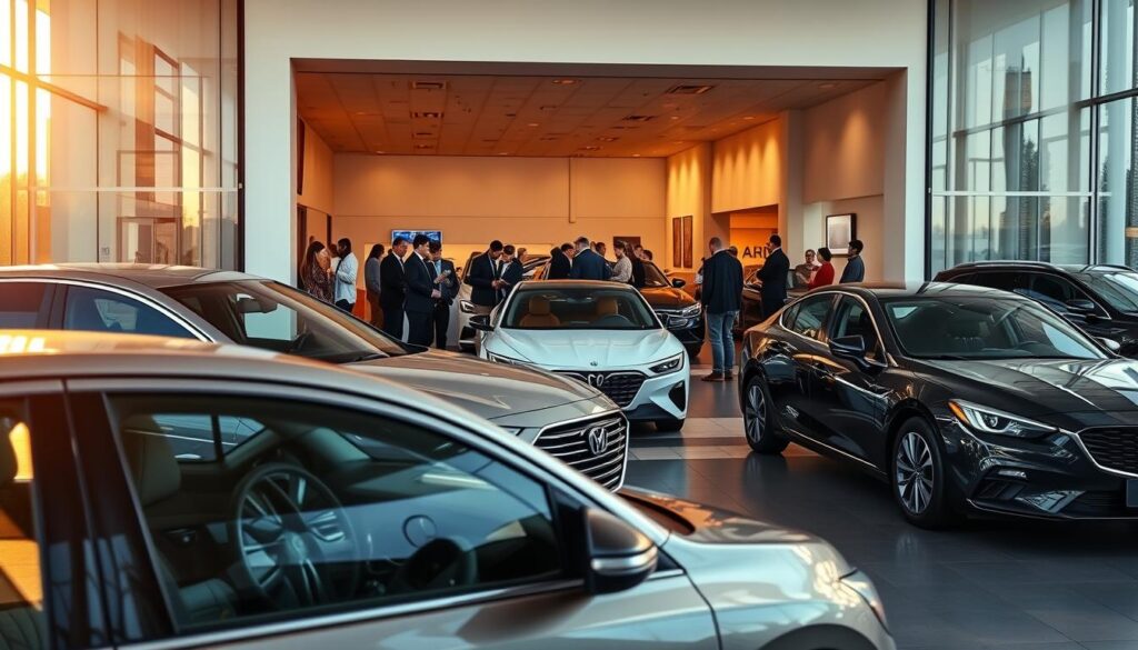 A bustling car dealership entrance, bathed in warm afternoon light. The foreground features a sleek, modern sedan in a neutral color, its gleaming exterior reflecting the showroom's glass facade. In the middle ground, potential customers peruse various models, engaged in lively discussions with attentive sales representatives. The background showcases the dealership's architectural design, with clean lines and minimalist decor, conveying a sense of professionalism and expertise. The overall atmosphere exudes a feeling of excitement and possibility, inviting visitors to explore their automotive dreams without the burden of an upfront payment. A bustling car dealership entrance, bathed in warm afternoon light. The foreground features a sleek, modern sedan in a neutral color, its gleaming exterior reflecting the showroom's glass facade. In the middle ground, potential customers peruse various models, engaged in lively discussions with attentive sales representatives. The background showcases the dealership's architectural design, with clean lines and minimalist decor, conveying a sense of professionalism and expertise. The overall atmosphere exudes a feeling of excitement and possibility, inviting visitors to explore their automotive dreams without the burden of an upfront payment.