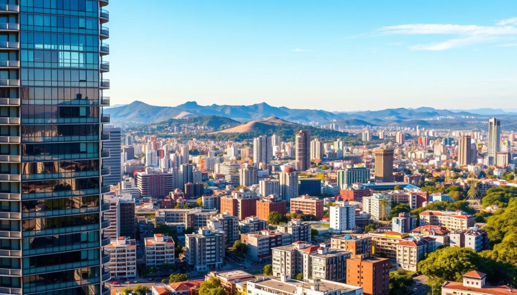 A bustling city skyline of Maringá, Brazil, captured from a high vantage point. In the foreground, a modern high-rise apartment building, its glass facade gleaming in the warm afternoon sun. The middle ground is filled with a mix of residential and commercial structures, their vibrant colors and intricate architectural details creating a visually captivating urban landscape. In the background, the rolling hills and lush green foliage of the surrounding countryside provide a picturesque natural backdrop, hinting at the city's ideal blend of urban and rural elements. The overall scene conveys a sense of growth, prosperity, and the dynamic real estate market that is the focus of the article's section. A bustling city skyline of Maringá, Brazil, captured from a high vantage point. In the foreground, a modern high-rise apartment building, its glass facade gleaming in the warm afternoon sun. The middle ground is filled with a mix of residential and commercial structures, their vibrant colors and intricate architectural details creating a visually captivating urban landscape. In the background, the rolling hills and lush green foliage of the surrounding countryside provide a picturesque natural backdrop, hinting at the city's ideal blend of urban and rural elements. The overall scene conveys a sense of growth, prosperity, and the dynamic real estate market that is the focus of the article's section.
