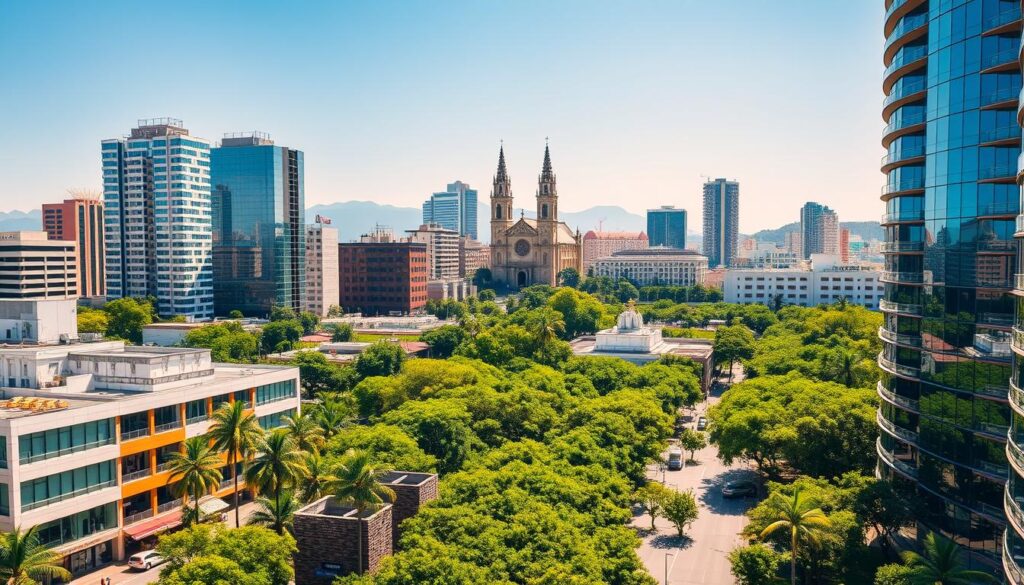 A bustling city skyline of Maringá, Brazil, captured in a vibrant, sunny afternoon. In the foreground, modern high-rise buildings with sleek, glass facades reflect the warm sunlight. The middle ground features lush, verdant parks and tree-lined streets, dotted with colorful local shops and cafes. In the background, the iconic Catedral Basílica Menor de Maringá stands tall, its towering spires and ornate architecture creating a striking contrast against the contemporary urban landscape. The scene conveys a sense of prosperity, progress and a high quality of life, perfectly encapsulating the cost of living in this thriving Brazilian city. A bustling city skyline of Maringá, Brazil, captured in a vibrant, sunny afternoon. In the foreground, modern high-rise buildings with sleek, glass facades reflect the warm sunlight. The middle ground features lush, verdant parks and tree-lined streets, dotted with colorful local shops and cafes. In the background, the iconic Catedral Basílica Menor de Maringá stands tall, its towering spires and ornate architecture creating a striking contrast against the contemporary urban landscape. The scene conveys a sense of prosperity, progress and a high quality of life, perfectly encapsulating the cost of living in this thriving Brazilian city.