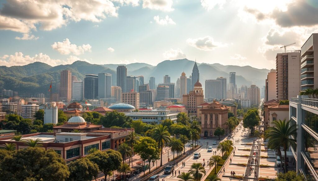 A bustling city skyline, with towering high-rises and modern architectural wonders set against a backdrop of lush, verdant hills. Sunlight filters through clouds, casting a warm, golden glow over the vibrant urban landscape. In the foreground, well-maintained streets and bustling pedestrian plazas, lined with thriving businesses and trendy cafes, reflect the city's dynamic energy and desirability. Elegant, tree-lined boulevards wind through the various neighborhoods, showcasing the diverse and highly sought-after residential areas that epitomize the most coveted real estate in Maringá. A bustling city skyline, with towering high-rises and modern architectural wonders set against a backdrop of lush, verdant hills. Sunlight filters through clouds, casting a warm, golden glow over the vibrant urban landscape. In the foreground, well-maintained streets and bustling pedestrian plazas, lined with thriving businesses and trendy cafes, reflect the city's dynamic energy and desirability. Elegant, tree-lined boulevards wind through the various neighborhoods, showcasing the diverse and highly sought-after residential areas that epitomize the most coveted real estate in Maringá.