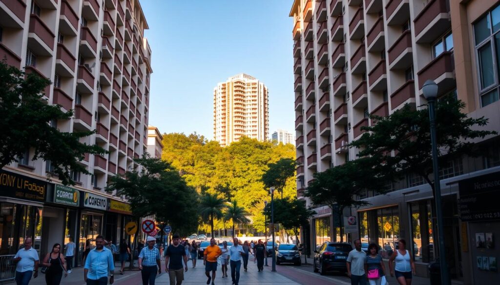 A bustling city street in Maringá, Brazil, bathed in warm afternoon sunlight. In the foreground, a group of pedestrians strolling past well-maintained apartment buildings and businesses, capturing the vibrant urban life. In the middle ground, a modern high-rise condominium stands tall, showcasing the city's development. In the background, a lush green park provides a peaceful contrast, hinting at the balance between urban and natural elements that define Maringá's cost of living. The scene conveys a sense of economic prosperity, comfortable living, and a high quality of life for both individuals and families. A bustling city street in Maringá, Brazil, bathed in warm afternoon sunlight. In the foreground, a group of pedestrians strolling past well-maintained apartment buildings and businesses, capturing the vibrant urban life. In the middle ground, a modern high-rise condominium stands tall, showcasing the city's development. In the background, a lush green park provides a peaceful contrast, hinting at the balance between urban and natural elements that define Maringá's cost of living. The scene conveys a sense of economic prosperity, comfortable living, and a high quality of life for both individuals and families.