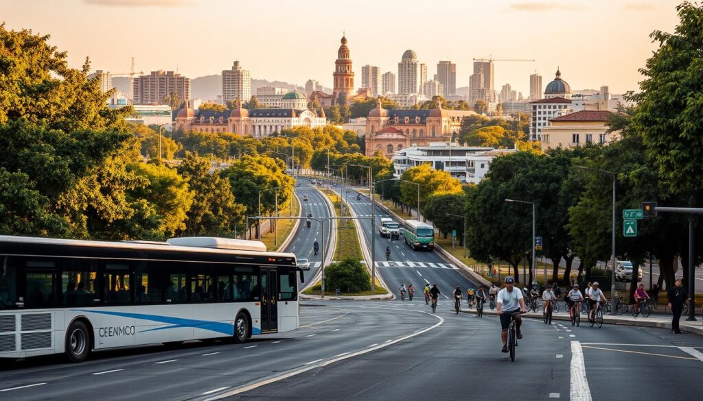 A bustling city street in Maringá, Brazil, with a diverse array of public transportation options. In the foreground, a modern bus with a sleek design glides along the road, its passengers visible through the large windows. In the middle ground, a network of bike lanes winds through the tree-lined boulevards, with cyclists of all ages navigating the urban landscape. In the background, a mix of historic and contemporary buildings create a visually striking skyline, bathed in warm, golden afternoon light. The scene conveys a sense of vibrant community, efficient transportation, and a harmonious blend of old and new. A bustling city street in Maringá, Brazil, with a diverse array of public transportation options. In the foreground, a modern bus with a sleek design glides along the road, its passengers visible through the large windows. In the middle ground, a network of bike lanes winds through the tree-lined boulevards, with cyclists of all ages navigating the urban landscape. In the background, a mix of historic and contemporary buildings create a visually striking skyline, bathed in warm, golden afternoon light. The scene conveys a sense of vibrant community, efficient transportation, and a harmonious blend of old and new.