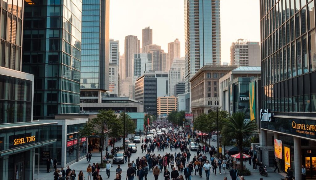 A bustling cityscape dominated by sleek high-rise office buildings and modern commercial structures, bathed in warm, golden light. In the foreground, people hurry along busy sidewalks, entering and exiting glass-fronted lobbies. The middle ground features a mix of retail stores, restaurants, and service-oriented businesses, their vibrant signage and window displays reflecting the dynamic nature of the service sector. In the background, a blend of residential and mixed-use developments rises, hinting at the diverse economic activities that thrive in this prosperous urban center. The overall atmosphere conveys a sense of productivity, economic vitality, and the central role of the service industry in the local economy. A bustling cityscape dominated by sleek high-rise office buildings and modern commercial structures, bathed in warm, golden light. In the foreground, people hurry along busy sidewalks, entering and exiting glass-fronted lobbies. The middle ground features a mix of retail stores, restaurants, and service-oriented businesses, their vibrant signage and window displays reflecting the dynamic nature of the service sector. In the background, a blend of residential and mixed-use developments rises, hinting at the diverse economic activities that thrive in this prosperous urban center. The overall atmosphere conveys a sense of productivity, economic vitality, and the central role of the service industry in the local economy.