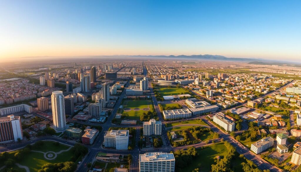 A bustling cityscape of Maringá, Brazil, captured in a panoramic aerial view. The foreground showcases the vibrant urban landscape, with modern high-rise buildings, intricate street patterns, and lush green parks interspersed throughout. The middle ground reveals the sheer scale and density of the population, with thousands of residents going about their daily lives. In the background, the horizon is dotted with rolling hills and a clear, azure sky, creating a serene contrast to the dynamic urban center. The scene is illuminated by warm, golden sunlight, casting long shadows and imbuing the image with a sense of timelessness. The overall composition conveys the current thriving and prosperous state of Maringá's population. A bustling cityscape of Maringá, Brazil, captured in a panoramic aerial view. The foreground showcases the vibrant urban landscape, with modern high-rise buildings, intricate street patterns, and lush green parks interspersed throughout. The middle ground reveals the sheer scale and density of the population, with thousands of residents going about their daily lives. In the background, the horizon is dotted with rolling hills and a clear, azure sky, creating a serene contrast to the dynamic urban center. The scene is illuminated by warm, golden sunlight, casting long shadows and imbuing the image with a sense of timelessness. The overall composition conveys the current thriving and prosperous state of Maringá's population.