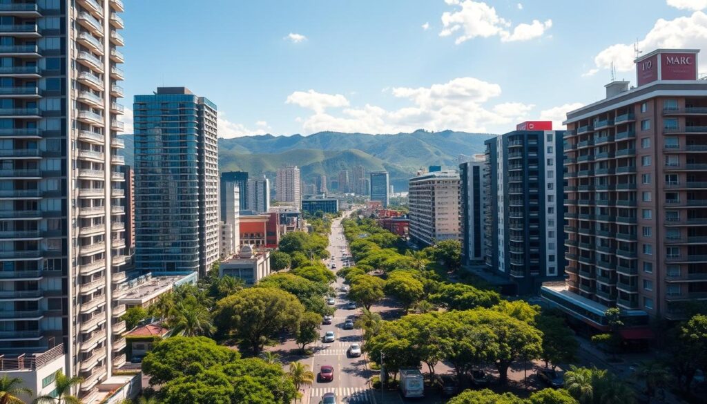 A bustling cityscape of Maringá, Brazil's real estate market. In the foreground, modern high-rise condominiums and office buildings stand tall, their sleek glass facades reflecting the sun's rays. In the middle ground, tree-lined avenues lead to bustling commercial districts, where potential homebuyers and investors navigate the vibrant, upscale real estate landscape. The background features the rolling hills and lush greenery that characterize Maringá's picturesque setting, creating a sense of urban-rural harmony. Capture the dynamic, prosperous atmosphere of Maringá's thriving real estate market, showcasing the city's appeal as a desirable place to live and invest. A bustling cityscape of Maringá, Brazil's real estate market. In the foreground, modern high-rise condominiums and office buildings stand tall, their sleek glass facades reflecting the sun's rays. In the middle ground, tree-lined avenues lead to bustling commercial districts, where potential homebuyers and investors navigate the vibrant, upscale real estate landscape. The background features the rolling hills and lush greenery that characterize Maringá's picturesque setting, creating a sense of urban-rural harmony. Capture the dynamic, prosperous atmosphere of Maringá's thriving real estate market, showcasing the city's appeal as a desirable place to live and invest.