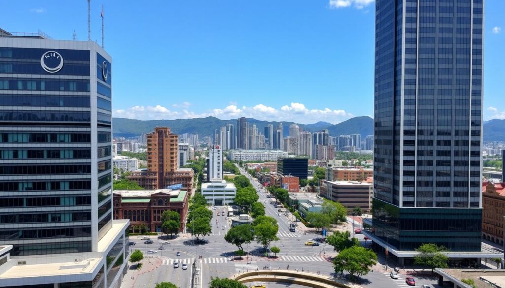 A bustling cityscape of Maringá, showcasing its towering skyscrapers and vibrant commercial districts. The foreground features a sleek, modern office building with a prominent company logo, symbolizing the economic might of the city's leading enterprise. In the middle ground, a busy intersection bustles with cars, pedestrians, and public transportation, capturing the dynamic energy of Maringá's urban center. The background is dominated by a panoramic view of the city's skyline, with lush green hills and a clear blue sky providing a striking natural backdrop. The image conveys a sense of progress, prosperity, and the city's position as a regional economic powerhouse. A bustling cityscape of Maringá, showcasing its towering skyscrapers and vibrant commercial districts. The foreground features a sleek, modern office building with a prominent company logo, symbolizing the economic might of the city's leading enterprise. In the middle ground, a busy intersection bustles with cars, pedestrians, and public transportation, capturing the dynamic energy of Maringá's urban center. The background is dominated by a panoramic view of the city's skyline, with lush green hills and a clear blue sky providing a striking natural backdrop. The image conveys a sense of progress, prosperity, and the city's position as a regional economic powerhouse.