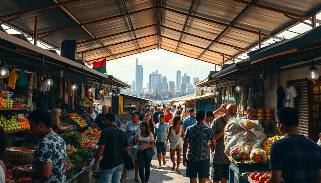 A bustling local mercado in Maringá, Brazil, in the year 2025. The marketplace is a vibrant tapestry of stalls and vendors, offering an abundance of fresh produce, artisanal crafts, and lively street food. Sunlight filters through the open-air canopy, casting a warm glow over the scene. In the foreground, customers haggle with merchants, their faces animated with excitement. In the middle ground, a diverse crowd meanders through the aisles, taking in the sights, sounds, and aromas that permeate the space. In the background, the city's skyline rises, a testament to the economic growth and regional importance of this thriving local marketplace. A bustling local mercado in Maringá, Brazil, in the year 2025. The marketplace is a vibrant tapestry of stalls and vendors, offering an abundance of fresh produce, artisanal crafts, and lively street food. Sunlight filters through the open-air canopy, casting a warm glow over the scene. In the foreground, customers haggle with merchants, their faces animated with excitement. In the middle ground, a diverse crowd meanders through the aisles, taking in the sights, sounds, and aromas that permeate the space. In the background, the city's skyline rises, a testament to the economic growth and regional importance of this thriving local marketplace.
