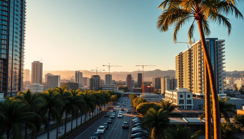 A bustling, modern cityscape of Maringá, Brazil, showcasing the vibrant real estate market in 2023. The frame captures the skyline peppered with high-rise residential and commercial buildings, their sleek glass facades glimmering in the warm, golden-hour sunlight. In the foreground, well-manicured streets are lined with lush palm trees, and pedestrians stroll along the sidewalks, giving a sense of urban energy and activity. The middle ground features various construction sites, cranes, and partially completed structures, hinting at the ongoing development and growth of the local real estate industry. The background is framed by the rolling hills and distant mountains, providing a picturesque natural backdrop to the modern cityscape. The overall composition conveys a dynamic, thriving, and forward-looking real estate landscape in Maringá. A bustling, modern cityscape of Maringá, Brazil, showcasing the vibrant real estate market in 2023. The frame captures the skyline peppered with high-rise residential and commercial buildings, their sleek glass facades glimmering in the warm, golden-hour sunlight. In the foreground, well-manicured streets are lined with lush palm trees, and pedestrians stroll along the sidewalks, giving a sense of urban energy and activity. The middle ground features various construction sites, cranes, and partially completed structures, hinting at the ongoing development and growth of the local real estate industry. The background is framed by the rolling hills and distant mountains, providing a picturesque natural backdrop to the modern cityscape. The overall composition conveys a dynamic, thriving, and forward-looking real estate landscape in Maringá.
