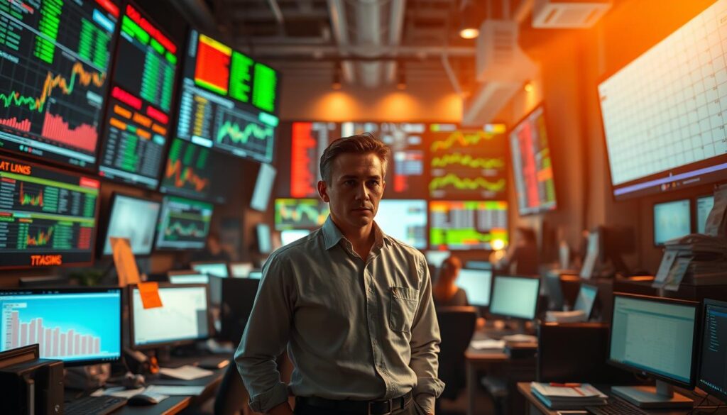A bustling office scene, with a financial agent standing at the center, surrounded by computer screens, financial reports, and a collection of financial instruments like stocks, bonds, and currency exchange charts. The agent is deep in thought, analyzing data and making decisions that will impact the market. The lighting is warm and focused, creating a sense of intensity and importance. The background is slightly blurred, emphasizing the agent's role as the central figure. The overall atmosphere conveys the weight and responsibility of the agent's position, and the vital role they play in the financial ecosystem. A bustling office scene, with a financial agent standing at the center, surrounded by computer screens, financial reports, and a collection of financial instruments like stocks, bonds, and currency exchange charts. The agent is deep in thought, analyzing data and making decisions that will impact the market. The lighting is warm and focused, creating a sense of intensity and importance. The background is slightly blurred, emphasizing the agent's role as the central figure. The overall atmosphere conveys the weight and responsibility of the agent's position, and the vital role they play in the financial ecosystem.