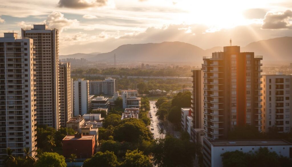 A bustling real estate market in Maringá, Brazil. A vibrant cityscape with modern high-rise apartment buildings and office towers in the foreground, surrounded by lush greenery and tree-lined streets in the middle ground. Warm, golden sunlight filters through wispy clouds, casting a pleasant glow over the scene. In the background, the silhouettes of distant hills and mountains add depth and dimension. The overall mood is one of prosperity, growth, and a thriving real estate industry catering to the needs of the local population. A bustling real estate market in Maringá, Brazil. A vibrant cityscape with modern high-rise apartment buildings and office towers in the foreground, surrounded by lush greenery and tree-lined streets in the middle ground. Warm, golden sunlight filters through wispy clouds, casting a pleasant glow over the scene. In the background, the silhouettes of distant hills and mountains add depth and dimension. The overall mood is one of prosperity, growth, and a thriving real estate industry catering to the needs of the local population.