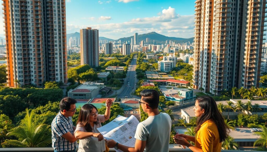 A bustling real estate market in Maringá, with towering modern apartment complexes set against a backdrop of lush greenery and vibrant urban life. In the foreground, a group of prospective homebuyers examines floor plans and property listings, their expressions reflecting a mix of excitement and contemplation. The middle ground showcases the city's thriving neighborhoods, with well-maintained streets, bustling commercial areas, and a sense of community. The background reveals the city's skyline, a harmonious blend of residential and commercial structures that convey Maringá's growth and development. The scene is illuminated by warm, golden sunlight, creating a welcoming and inviting atmosphere that captures the city's high quality of life and the strong demand for its real estate market. A bustling real estate market in Maringá, with towering modern apartment complexes set against a backdrop of lush greenery and vibrant urban life. In the foreground, a group of prospective homebuyers examines floor plans and property listings, their expressions reflecting a mix of excitement and contemplation. The middle ground showcases the city's thriving neighborhoods, with well-maintained streets, bustling commercial areas, and a sense of community. The background reveals the city's skyline, a harmonious blend of residential and commercial structures that convey Maringá's growth and development. The scene is illuminated by warm, golden sunlight, creating a welcoming and inviting atmosphere that captures the city's high quality of life and the strong demand for its real estate market.