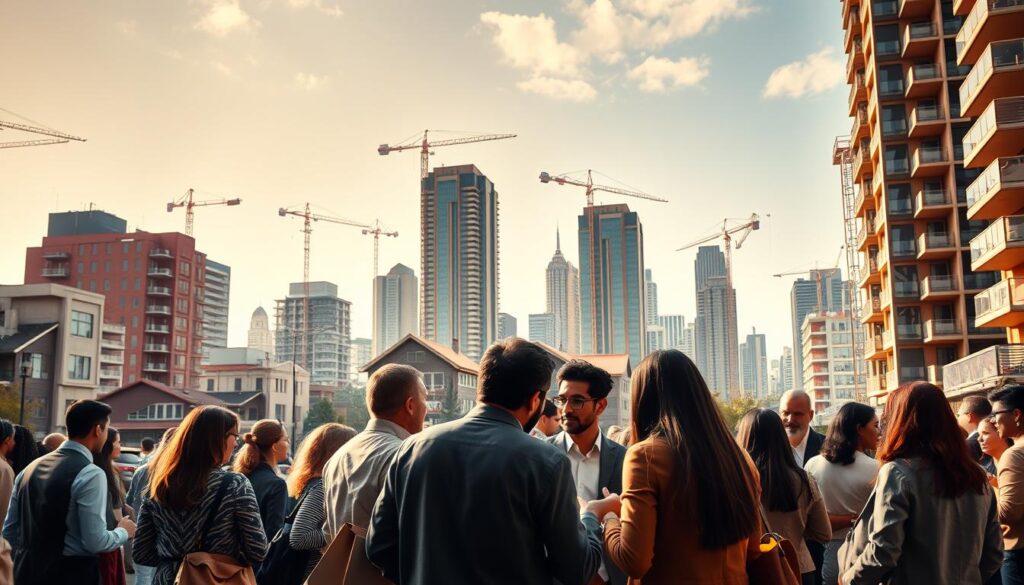 A bustling real estate market scene, captured with a wide-angle lens to showcase the dynamic energy. In the foreground, prospective homebuyers huddle around an agent, discussing property options with animated gestures. The middle ground features a mix of modern and traditional architectural styles, representing the diverse housing options. In the background, towering skyscrapers and cranes punctuate the skyline, symbolizing the ongoing development and growth. The lighting is warm and inviting, creating a sense of optimism and opportunity. The overall atmosphere conveys the current context of the real estate market - a thriving, competitive landscape where savvy negotiation can yield favorable outcomes. A bustling real estate market scene, captured with a wide-angle lens to showcase the dynamic energy. In the foreground, prospective homebuyers huddle around an agent, discussing property options with animated gestures. The middle ground features a mix of modern and traditional architectural styles, representing the diverse housing options. In the background, towering skyscrapers and cranes punctuate the skyline, symbolizing the ongoing development and growth. The lighting is warm and inviting, creating a sense of optimism and opportunity. The overall atmosphere conveys the current context of the real estate market - a thriving, competitive landscape where savvy negotiation can yield favorable outcomes.