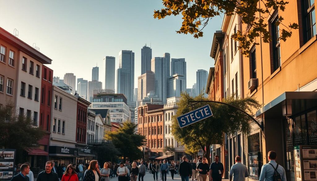 A bustling real estate market, with buildings of various heights and architectural styles lining a vibrant, tree-lined street. The scene is bathed in warm, golden sunlight, casting long shadows and highlighting the detailed facade textures. In the foreground, people move about, some pausing to examine real estate listings in the windows of sleek, modern offices. The middle ground features a mix of residential and commercial properties, suggesting a thriving urban center. In the background, the horizon is dotted with towering skyscrapers, creating a sense of scale and economic activity. The overall atmosphere evokes a sense of prosperity, growth, and the cyclical nature of the real estate market. A bustling real estate market, with buildings of various heights and architectural styles lining a vibrant, tree-lined street. The scene is bathed in warm, golden sunlight, casting long shadows and highlighting the detailed facade textures. In the foreground, people move about, some pausing to examine real estate listings in the windows of sleek, modern offices. The middle ground features a mix of residential and commercial properties, suggesting a thriving urban center. In the background, the horizon is dotted with towering skyscrapers, creating a sense of scale and economic activity. The overall atmosphere evokes a sense of prosperity, growth, and the cyclical nature of the real estate market.