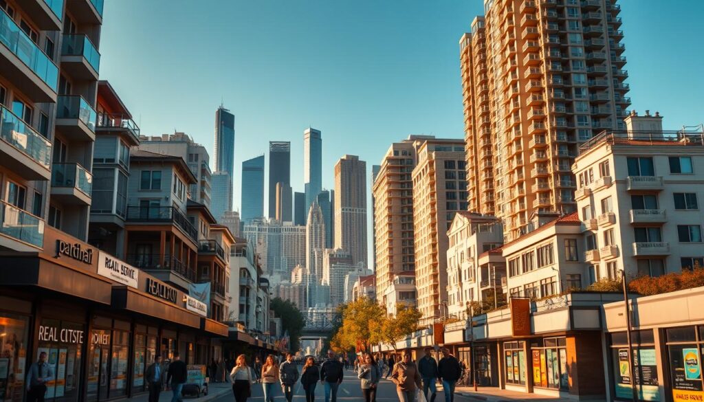A bustling real estate marketplace with a diverse array of modern apartment buildings, townhouses, and high-rise condos against a backdrop of towering skyscrapers and a vibrant urban skyline. The scene is bathed in warm, golden afternoon light, casting long shadows across the streets below. In the foreground, potential homebuyers and investors stroll past storefront realty offices, evaluating property listings and negotiating deals. The overall atmosphere conveys a sense of dynamic growth, economic opportunity, and the ever-evolving nature of the contemporary housing market. A bustling real estate marketplace with a diverse array of modern apartment buildings, townhouses, and high-rise condos against a backdrop of towering skyscrapers and a vibrant urban skyline. The scene is bathed in warm, golden afternoon light, casting long shadows across the streets below. In the foreground, potential homebuyers and investors stroll past storefront realty offices, evaluating property listings and negotiating deals. The overall atmosphere conveys a sense of dynamic growth, economic opportunity, and the ever-evolving nature of the contemporary housing market.