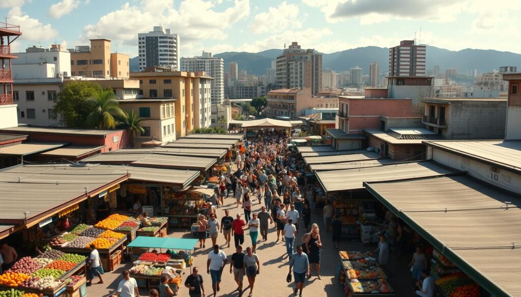 A bustling, sun-drenched mercado in a vibrant Brazilian city, captured in a sweeping panoramic view. The foreground is a lively marketplace filled with stalls offering an array of colorful produce, handcrafted goods, and street food. In the middle ground, a throng of locals and visitors navigates the bustling walkways, while the background showcases a mix of modern and historical architecture, creating a distinctive urban landscape. The scene is infused with a sense of energy and vitality, conveying the dynamic nature of the local real estate market. Warm, diffused lighting and a slightly elevated camera angle lend an inviting, cinematic quality to the image. A bustling, sun-drenched mercado in a vibrant Brazilian city, captured in a sweeping panoramic view. The foreground is a lively marketplace filled with stalls offering an array of colorful produce, handcrafted goods, and street food. In the middle ground, a throng of locals and visitors navigates the bustling walkways, while the background showcases a mix of modern and historical architecture, creating a distinctive urban landscape. The scene is infused with a sense of energy and vitality, conveying the dynamic nature of the local real estate market. Warm, diffused lighting and a slightly elevated camera angle lend an inviting, cinematic quality to the image.