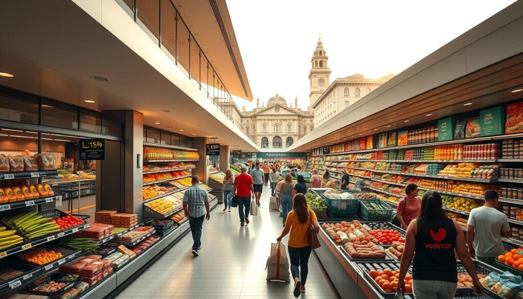 A bustling supermarket in Maringá, Brazil, captured in a sweeping panoramic view. The storefront features a modern, minimalist design with large windows that allow natural light to flood the interior. Rows of neatly organized shelves and displays showcase a wide variety of fresh produce, meats, and packaged goods. Shoppers navigate the aisles, their faces reflecting the vibrant energy of the space. The scene is bathed in warm, golden tones, creating a welcoming and inviting atmosphere. In the background, the iconic architecture of Maringá's city center provides a picturesque backdrop, hinting at the broader urban context of this essential community hub. A bustling supermarket in Maringá, Brazil, captured in a sweeping panoramic view. The storefront features a modern, minimalist design with large windows that allow natural light to flood the interior. Rows of neatly organized shelves and displays showcase a wide variety of fresh produce, meats, and packaged goods. Shoppers navigate the aisles, their faces reflecting the vibrant energy of the space. The scene is bathed in warm, golden tones, creating a welcoming and inviting atmosphere. In the background, the iconic architecture of Maringá's city center provides a picturesque backdrop, hinting at the broader urban context of this essential community hub.