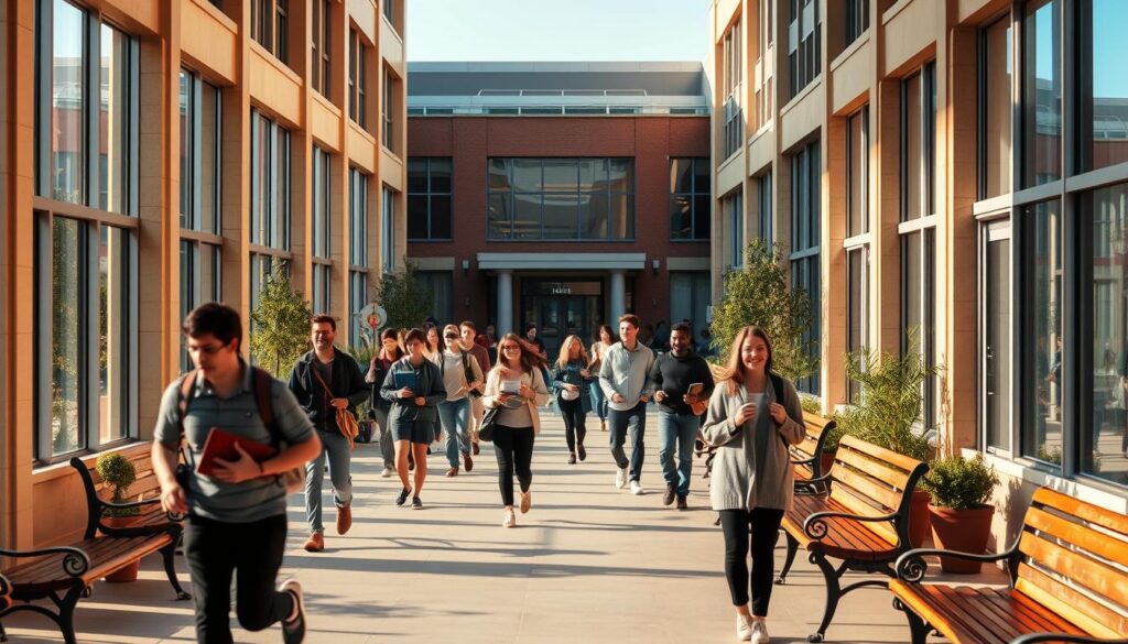 A bustling university corridor, bathed in warm, natural light that filters through large windows. The foreground features students walking briskly, some carrying books and laptops, capturing the vibrant atmosphere of an active campus. In the middle ground, rows of wooden benches and potted plants line the sides, creating a welcoming and well-maintained space. The background showcases modern, architecturally-impressive buildings with clean lines and prominent entryways, hinting at the prestige and academic excellence of the institution. The overall scene conveys a sense of productivity, community, and a prime location for real estate investment opportunities. A bustling university corridor, bathed in warm, natural light that filters through large windows. The foreground features students walking briskly, some carrying books and laptops, capturing the vibrant atmosphere of an active campus. In the middle ground, rows of wooden benches and potted plants line the sides, creating a welcoming and well-maintained space. The background showcases modern, architecturally-impressive buildings with clean lines and prominent entryways, hinting at the prestige and academic excellence of the institution. The overall scene conveys a sense of productivity, community, and a prime location for real estate investment opportunities.