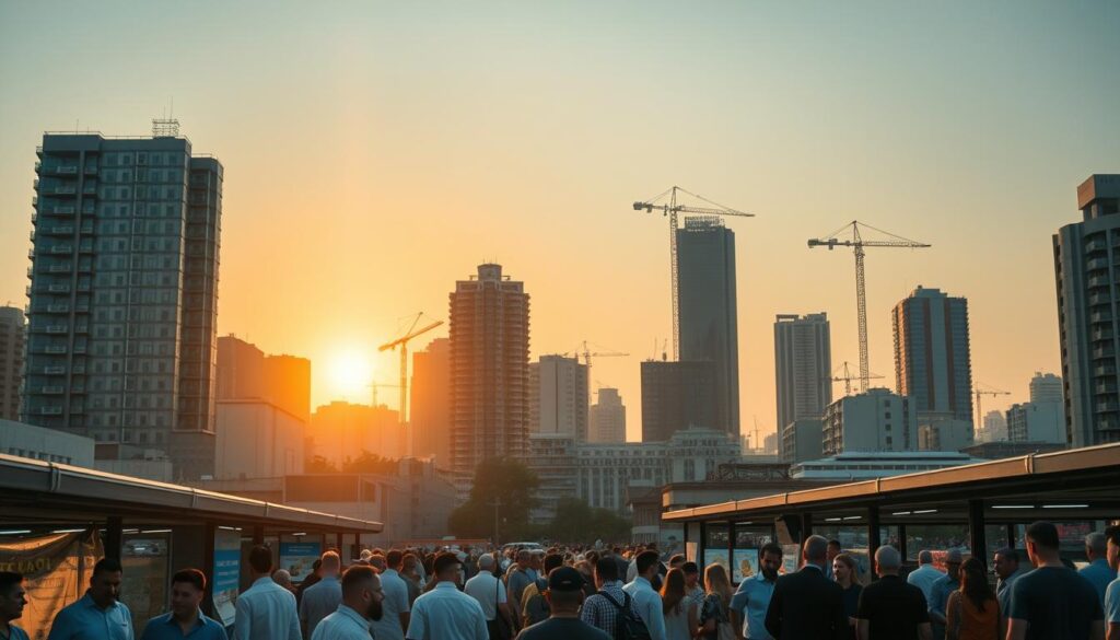 A bustling urban cityscape, with a focus on the real estate market. In the foreground, a vibrant mercado imobiliário (real estate market) scene, with people negotiating deals, property listings, and real estate agents in conversation. The middle ground features a mix of modern high-rise buildings, older historical structures, and cranes dotting the skyline, representing the dynamic nature of the local real estate landscape. In the background, a warm, golden-hued sunset casts a soft, inviting glow over the entire scene, conveying a sense of growth, opportunity, and potential in the real estate sector. The lighting is natural and directional, creating depth and dimension. The camera angle is slightly elevated, providing a comprehensive view of the mercado imobiliário and its urban surroundings. A bustling urban cityscape, with a focus on the real estate market. In the foreground, a vibrant mercado imobiliário (real estate market) scene, with people negotiating deals, property listings, and real estate agents in conversation. The middle ground features a mix of modern high-rise buildings, older historical structures, and cranes dotting the skyline, representing the dynamic nature of the local real estate landscape. In the background, a warm, golden-hued sunset casts a soft, inviting glow over the entire scene, conveying a sense of growth, opportunity, and potential in the real estate sector. The lighting is natural and directional, creating depth and dimension. The camera angle is slightly elevated, providing a comprehensive view of the mercado imobiliário and its urban surroundings.
