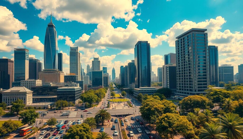 A bustling urban cityscape with towering skyscrapers and modern high-rise buildings, set against a vibrant blue sky with fluffy white clouds. In the foreground, busy streets teeming with cars, buses, and pedestrians, representing the thriving service sector. Sleek glass and steel office buildings, bustling with activity, dominate the middle ground. In the background, lush green parks and leafy trees provide a natural contrast to the urban landscape. Warm, diffused lighting casts a golden glow over the scene, creating a sense of prosperity and economic vitality. The overall composition conveys the idea of a dynamic, service-oriented economy at the heart of a rapidly developing metropolitan area. A bustling urban cityscape with towering skyscrapers and modern high-rise buildings, set against a vibrant blue sky with fluffy white clouds. In the foreground, busy streets teeming with cars, buses, and pedestrians, representing the thriving service sector. Sleek glass and steel office buildings, bustling with activity, dominate the middle ground. In the background, lush green parks and leafy trees provide a natural contrast to the urban landscape. Warm, diffused lighting casts a golden glow over the scene, creating a sense of prosperity and economic vitality. The overall composition conveys the idea of a dynamic, service-oriented economy at the heart of a rapidly developing metropolitan area.