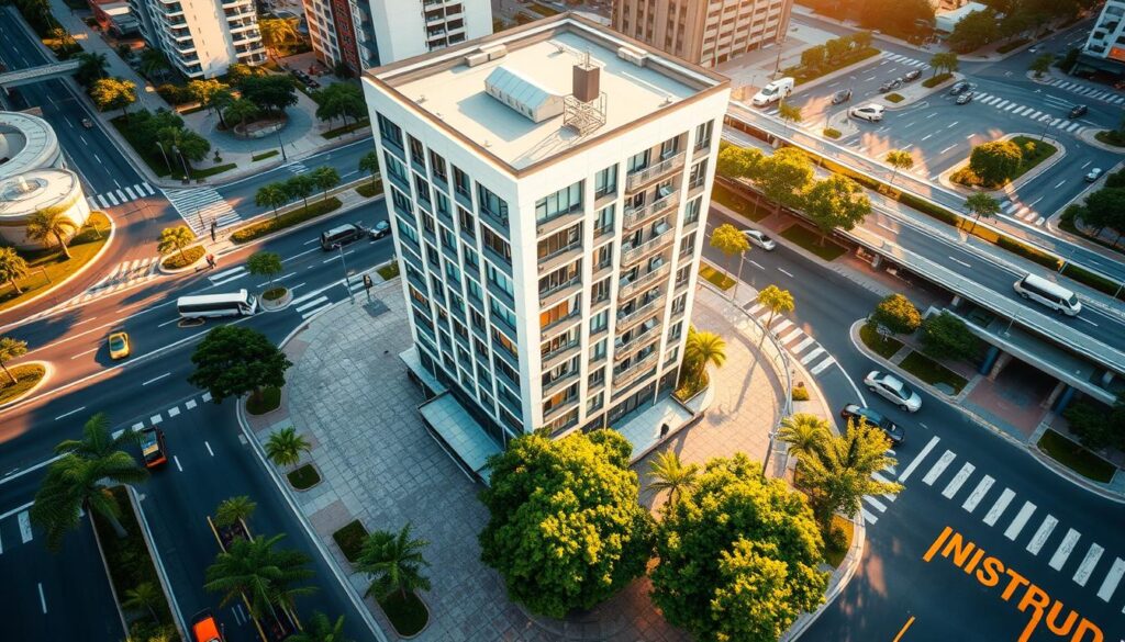 A bustling urban intersection with a modern apartment building as the focal point, surrounded by well-maintained sidewalks, lush greenery, and a network of roads leading in multiple directions. The building's facade features large windows and a sleek, minimalist design, conveying a sense of convenience and easy accessibility. Warm afternoon sunlight filters through, casting a golden glow over the scene. The perspective is slightly elevated, offering a comprehensive view of the area's layout and transportation options. An atmosphere of urban vibrancy and walkable community is evoked, reflecting the "fácil acesso" concept. A bustling urban intersection with a modern apartment building as the focal point, surrounded by well-maintained sidewalks, lush greenery, and a network of roads leading in multiple directions. The building's facade features large windows and a sleek, minimalist design, conveying a sense of convenience and easy accessibility. Warm afternoon sunlight filters through, casting a golden glow over the scene. The perspective is slightly elevated, offering a comprehensive view of the area's layout and transportation options. An atmosphere of urban vibrancy and walkable community is evoked, reflecting the "fácil acesso" concept.
