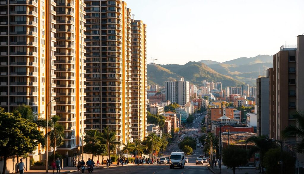 A bustling urban landscape in Maringá, Brazil, capturing the Zona 07 neighborhood. Towering high-rise apartment buildings cast dramatic shadows across the streets below, their sleek, modern facades reflecting the warm glow of the afternoon sun. In the foreground, families stroll along the sidewalks, weaving between the occasional car or motorbike. The middle ground is dominated by a vibrant mix of residential and commercial structures, each one distinct in its architectural style. In the distance, the horizon is punctuated by the silhouettes of lush green hills, hinting at the verdant natural surroundings that frame this thriving urban center. The scene is imbued with a sense of dynamism and prosperity, capturing the essence of Maringá's thriving rental market. A bustling urban landscape in Maringá, Brazil, capturing the Zona 07 neighborhood. Towering high-rise apartment buildings cast dramatic shadows across the streets below, their sleek, modern facades reflecting the warm glow of the afternoon sun. In the foreground, families stroll along the sidewalks, weaving between the occasional car or motorbike. The middle ground is dominated by a vibrant mix of residential and commercial structures, each one distinct in its architectural style. In the distance, the horizon is punctuated by the silhouettes of lush green hills, hinting at the verdant natural surroundings that frame this thriving urban center. The scene is imbued with a sense of dynamism and prosperity, capturing the essence of Maringá's thriving rental market.