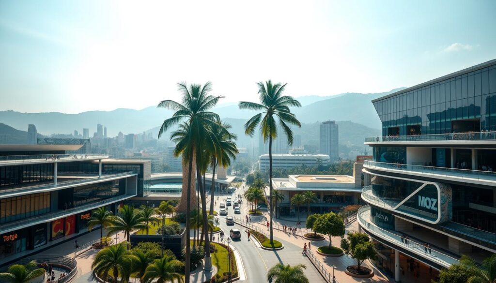 A bustling urban landscape showcasing the architectural grandeur of Maringá's premier shopping destinations. In the foreground, a sprawling, modern shopping complex with sleek glass facades, inviting pedestrian walkways, and lush landscaping. In the middle ground, towering palm trees sway gently, casting dynamic shadows across the scene. The background is dominated by the city's skyline, a harmonious blend of high-rise buildings and verdant hills. The lighting is warm and diffused, creating a sense of welcoming ambiance. The overall composition captures the vibrant, cosmopolitan character of Maringá's premier shopping centers, highlighting their role as hubs of commercial and social activity. A bustling urban landscape showcasing the architectural grandeur of Maringá's premier shopping destinations. In the foreground, a sprawling, modern shopping complex with sleek glass facades, inviting pedestrian walkways, and lush landscaping. In the middle ground, towering palm trees sway gently, casting dynamic shadows across the scene. The background is dominated by the city's skyline, a harmonious blend of high-rise buildings and verdant hills. The lighting is warm and diffused, creating a sense of welcoming ambiance. The overall composition captures the vibrant, cosmopolitan character of Maringá's premier shopping centers, highlighting their role as hubs of commercial and social activity.