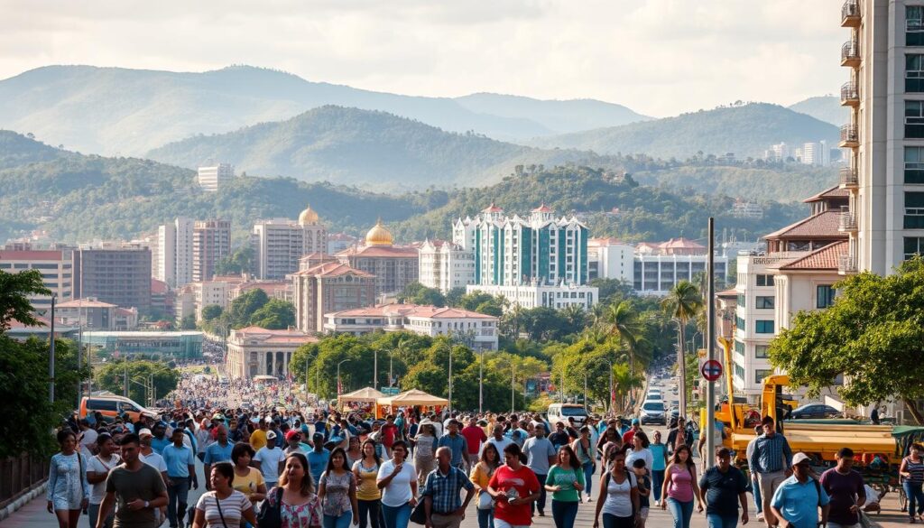 A bustling urban landscape, showcasing the vibrant city of Maringá in 2025. In the foreground, a diverse community of residents going about their daily lives - families strolling, professionals commuting, and local vendors selling their wares. The middle ground features the iconic architecture of Maringá, with modern high-rises and well-maintained public spaces. In the background, rolling hills and lush greenery create a picturesque natural setting, complementing the urban environment. The scene is bathed in warm, golden light, capturing the energy and vitality of the city. Subtle details, like traffic patterns and bustling sidewalks, convey the scale and population of this thriving Brazilian metropolis. A bustling urban landscape, showcasing the vibrant city of Maringá in 2025. In the foreground, a diverse community of residents going about their daily lives - families strolling, professionals commuting, and local vendors selling their wares. The middle ground features the iconic architecture of Maringá, with modern high-rises and well-maintained public spaces. In the background, rolling hills and lush greenery create a picturesque natural setting, complementing the urban environment. The scene is bathed in warm, golden light, capturing the energy and vitality of the city. Subtle details, like traffic patterns and bustling sidewalks, convey the scale and population of this thriving Brazilian metropolis.