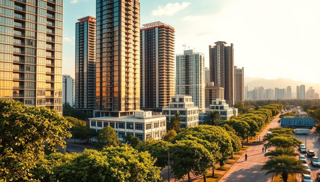 A bustling urban landscape, the Mercado Imobiliário de Maringá comes to life with towering high-rise buildings, their glass facades gleaming in the warm, golden sunlight. In the foreground, lush greenery and tree-lined sidewalks create a serene, pedestrian-friendly atmosphere, inviting passersby to explore the vibrant real estate market. The middle ground features a mix of modern apartment complexes and commercial buildings, their architectural styles blending harmoniously. In the background, the skyline rises, showcasing the city's dynamic growth and potential. Capture the essence of this thriving real estate hub with a cinematic, wide-angle lens that conveys a sense of scale, depth, and the promise of new opportunities for those seeking to invest or call Maringá home. A bustling urban landscape, the Mercado Imobiliário de Maringá comes to life with towering high-rise buildings, their glass facades gleaming in the warm, golden sunlight. In the foreground, lush greenery and tree-lined sidewalks create a serene, pedestrian-friendly atmosphere, inviting passersby to explore the vibrant real estate market. The middle ground features a mix of modern apartment complexes and commercial buildings, their architectural styles blending harmoniously. In the background, the skyline rises, showcasing the city's dynamic growth and potential. Capture the essence of this thriving real estate hub with a cinematic, wide-angle lens that conveys a sense of scale, depth, and the promise of new opportunities for those seeking to invest or call Maringá home.