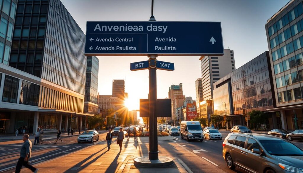 A bustling urban landscape with a prominent directory sign at the intersection of two major avenues, Avenida Central and Avenida Paulista. The sign clearly displays the names of the surrounding neighborhoods and commercial districts, guiding potential tenants and customers. The scene is bathed in warm, golden hour lighting, casting long shadows across the well-maintained sidewalks and facades of modern office buildings. Pedestrians and vehicles move through the frame, creating a sense of energy and vibrancy. The composition emphasizes the centrality and accessibility of this commercial hub, setting the stage for a successful search for a prime retail or office space. A bustling urban landscape with a prominent directory sign at the intersection of two major avenues, Avenida Central and Avenida Paulista. The sign clearly displays the names of the surrounding neighborhoods and commercial districts, guiding potential tenants and customers. The scene is bathed in warm, golden hour lighting, casting long shadows across the well-maintained sidewalks and facades of modern office buildings. Pedestrians and vehicles move through the frame, creating a sense of energy and vibrancy. The composition emphasizes the centrality and accessibility of this commercial hub, setting the stage for a successful search for a prime retail or office space.