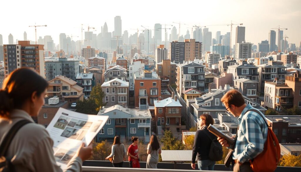 A bustling urban real estate market, captured in a wide-angle, cinematic frame. In the foreground, prospective homebuyers peruse listings, examining floor plans and discussing property details. The middle ground showcases a diverse array of residential and commercial buildings, each with its own unique architectural style, reflecting the vibrant diversity of the local housing landscape. In the background, a towering skyline of skyscrapers and cranes suggests the constant evolution and growth of the city's real estate industry. Soft, warm lighting bathes the scene, creating a sense of optimism and opportunity that pervades the image. The overall composition conveys the dynamic nature of the real estate market, where individual needs intersect with broader economic and urban development trends. A bustling urban real estate market, captured in a wide-angle, cinematic frame. In the foreground, prospective homebuyers peruse listings, examining floor plans and discussing property details. The middle ground showcases a diverse array of residential and commercial buildings, each with its own unique architectural style, reflecting the vibrant diversity of the local housing landscape. In the background, a towering skyline of skyscrapers and cranes suggests the constant evolution and growth of the city's real estate industry. Soft, warm lighting bathes the scene, creating a sense of optimism and opportunity that pervades the image. The overall composition conveys the dynamic nature of the real estate market, where individual needs intersect with broader economic and urban development trends.