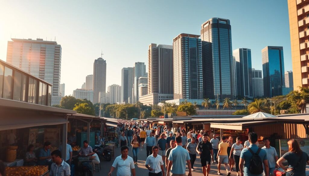 A bustling urban scene, a panoramic view of Maringá's thriving job market. In the foreground, people hustle through the lively Mercado Municipal, stalls filled with local produce and wares. The middle ground showcases modern office buildings, glass facades reflecting the bright midday sun. In the background, the skyline rises, a mix of skyscrapers and lush greenery, conveying Maringá's vibrant, balanced economy. Warm lighting casts a golden glow, highlighting the dynamic, prosperous atmosphere. A wide-angle lens captures the expansive, energetic panorama, showcasing Maringá's robust job market and economic landscape. A bustling urban scene, a panoramic view of Maringá's thriving job market. In the foreground, people hustle through the lively Mercado Municipal, stalls filled with local produce and wares. The middle ground showcases modern office buildings, glass facades reflecting the bright midday sun. In the background, the skyline rises, a mix of skyscrapers and lush greenery, conveying Maringá's vibrant, balanced economy. Warm lighting casts a golden glow, highlighting the dynamic, prosperous atmosphere. A wide-angle lens captures the expansive, energetic panorama, showcasing Maringá's robust job market and economic landscape.