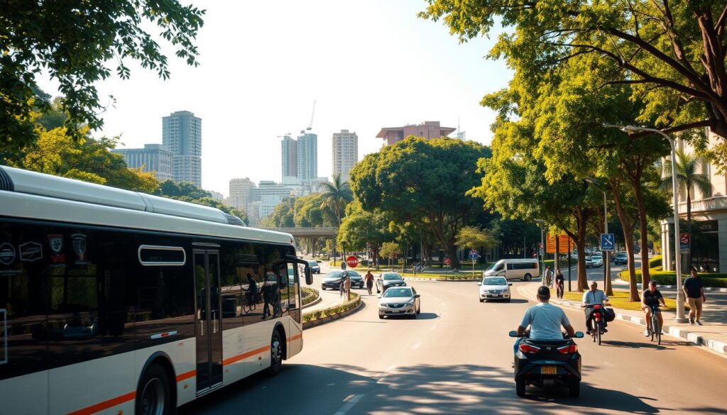A bustling urban scene in Maringá, Brazil, captured on a bright, sunny day. In the foreground, a modern public bus glides smoothly along the tree-lined avenues, its passengers visible through the large windows. In the middle ground, pedestrians and cyclists navigate the well-maintained sidewalks and dedicated bike lanes, while cars and motorcycles flow through the streets. The background is defined by a mix of low-rise commercial buildings, residential towers, and lush green parks, all bathed in a warm, golden light. The overall atmosphere conveys a sense of efficient, sustainable, and people-centric urban transport, reflecting Maringá's reputation as a livable, progressive city. A bustling urban scene in Maringá, Brazil, captured on a bright, sunny day. In the foreground, a modern public bus glides smoothly along the tree-lined avenues, its passengers visible through the large windows. In the middle ground, pedestrians and cyclists navigate the well-maintained sidewalks and dedicated bike lanes, while cars and motorcycles flow through the streets. The background is defined by a mix of low-rise commercial buildings, residential towers, and lush green parks, all bathed in a warm, golden light. The overall atmosphere conveys a sense of efficient, sustainable, and people-centric urban transport, reflecting Maringá's reputation as a livable, progressive city.