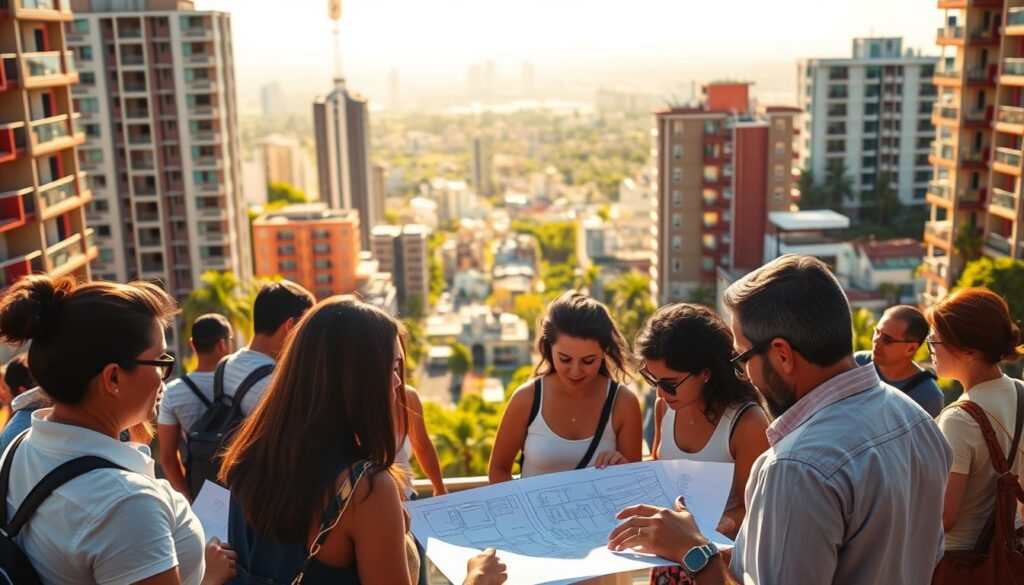 A bustling urban scene of the Brazilian real estate market, captured under warm afternoon sunlight. In the foreground, a group of prospective homebuyers examines floor plans and negotiates with real estate agents, their expressions a mix of excitement and caution. The middle ground showcases a mix of modern high-rise condominiums and traditional low-rise buildings, reflecting the diverse housing options available. In the background, a sprawling cityscape of skyscrapers and lush greenery, hinting at the dynamic nature of the market. The overall atmosphere conveys a sense of both opportunity and the need for discerning vigilance, setting the stage for the article's examination of avoiding real estate scams. A bustling urban scene of the Brazilian real estate market, captured under warm afternoon sunlight. In the foreground, a group of prospective homebuyers examines floor plans and negotiates with real estate agents, their expressions a mix of excitement and caution. The middle ground showcases a mix of modern high-rise condominiums and traditional low-rise buildings, reflecting the diverse housing options available. In the background, a sprawling cityscape of skyscrapers and lush greenery, hinting at the dynamic nature of the market. The overall atmosphere conveys a sense of both opportunity and the need for discerning vigilance, setting the stage for the article's examination of avoiding real estate scams.