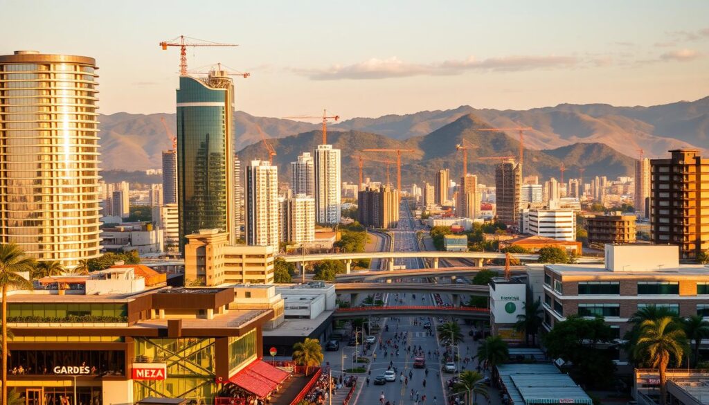 A bustling urban skyline of Maringá, Brazil, with modern high-rise buildings, gleaming glass facades, and cranes dotting the horizon, signifying a thriving economy and rapid development. The scene is bathed in warm, golden-hour light, casting long shadows and highlighting the dynamic movement of the city. In the foreground, a vibrant street scene with people going about their daily lives, shops, and restaurants, conveying the energy and prosperity of the local economy. The middle ground features a mix of office buildings, mixed-use developments, and infrastructure like bridges and highways, all working together to facilitate the city's growth. In the background, the lush, rolling hills and greenery of the surrounding landscape, providing a natural contrast to the urban landscape and underscoring Maringá's strategic location and integration with the region. A bustling urban skyline of Maringá, Brazil, with modern high-rise buildings, gleaming glass facades, and cranes dotting the horizon, signifying a thriving economy and rapid development. The scene is bathed in warm, golden-hour light, casting long shadows and highlighting the dynamic movement of the city. In the foreground, a vibrant street scene with people going about their daily lives, shops, and restaurants, conveying the energy and prosperity of the local economy. The middle ground features a mix of office buildings, mixed-use developments, and infrastructure like bridges and highways, all working together to facilitate the city's growth. In the background, the lush, rolling hills and greenery of the surrounding landscape, providing a natural contrast to the urban landscape and underscoring Maringá's strategic location and integration with the region.