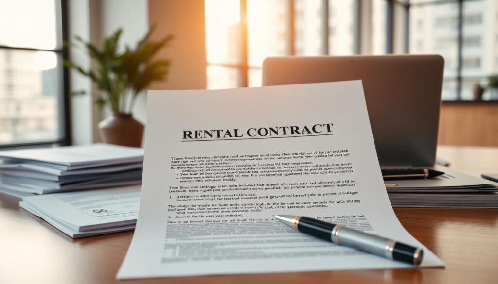 A carefully worded rental contract against a backdrop of a modern office setting. The document is the focal point, illuminated by warm, natural light filtering through large windows. Surrounding it are stacks of papers, a laptop, and a pen resting on a sleek, wooden desk, conveying a sense of professionalism and attention to detail. The overall atmosphere is one of organization, legality, and the importance of understanding the rights and responsibilities outlined in a rental agreement in the Brazilian context. A carefully worded rental contract against a backdrop of a modern office setting. The document is the focal point, illuminated by warm, natural light filtering through large windows. Surrounding it are stacks of papers, a laptop, and a pen resting on a sleek, wooden desk, conveying a sense of professionalism and attention to detail. The overall atmosphere is one of organization, legality, and the importance of understanding the rights and responsibilities outlined in a rental agreement in the Brazilian context.