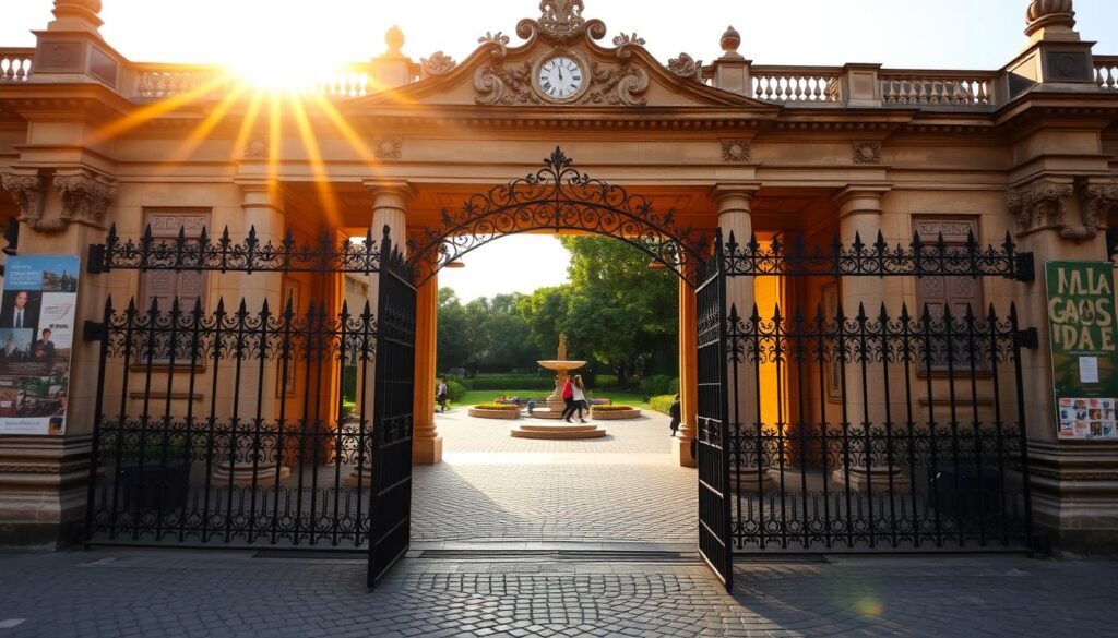 A classical Brazilian cartório building, with a grand facade of intricate stone carvings and ornate columns. The warm, golden light of the afternoon sun casts long shadows across the weathered stone, giving the structure an air of timeless elegance. In the foreground, a wrought-iron gate stands open, inviting passersby into the establishment. The middle ground features a well-maintained cobblestone courtyard, where citizens gather to conduct official business. In the background, a lush, verdant garden provides a tranquil contrast to the formality of the architecture. An atmosphere of bureaucratic efficiency and civic duty permeates the scene, reflecting the important role of the cartório in Brazilian society. A classical Brazilian cartório building, with a grand facade of intricate stone carvings and ornate columns. The warm, golden light of the afternoon sun casts long shadows across the weathered stone, giving the structure an air of timeless elegance. In the foreground, a wrought-iron gate stands open, inviting passersby into the establishment. The middle ground features a well-maintained cobblestone courtyard, where citizens gather to conduct official business. In the background, a lush, verdant garden provides a tranquil contrast to the formality of the architecture. An atmosphere of bureaucratic efficiency and civic duty permeates the scene, reflecting the important role of the cartório in Brazilian society.