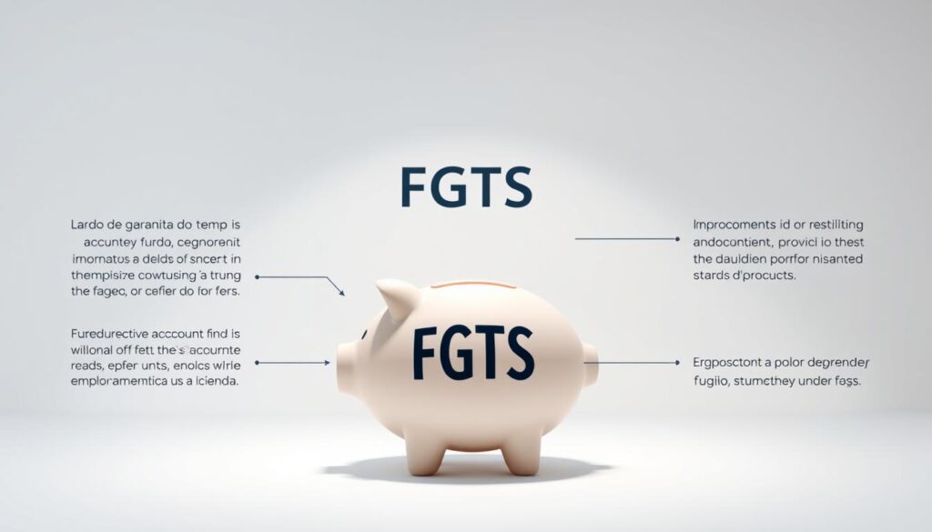 A clean, modern illustration showcasing the definition and functioning of the FGTS (Fundo de Garantia do Tempo de Serviço), a Brazilian employment severance fund. In the foreground, a stylized piggy bank or savings account icon symbolizes the FGTS, with clear infographic-style annotations detailing its purpose and key mechanics. The middle ground features a clean background with minimalist geometric shapes and subtle gradients, conveying a sense of professionalism and clarity. The lighting is soft and diffused, creating an inviting and educational atmosphere. The angle is a slightly elevated perspective, allowing the viewer to easily understand the FGTS system at a glance. A clean, modern illustration showcasing the definition and functioning of the FGTS (Fundo de Garantia do Tempo de Serviço), a Brazilian employment severance fund. In the foreground, a stylized piggy bank or savings account icon symbolizes the FGTS, with clear infographic-style annotations detailing its purpose and key mechanics. The middle ground features a clean background with minimalist geometric shapes and subtle gradients, conveying a sense of professionalism and clarity. The lighting is soft and diffused, creating an inviting and educational atmosphere. The angle is a slightly elevated perspective, allowing the viewer to easily understand the FGTS system at a glance.
