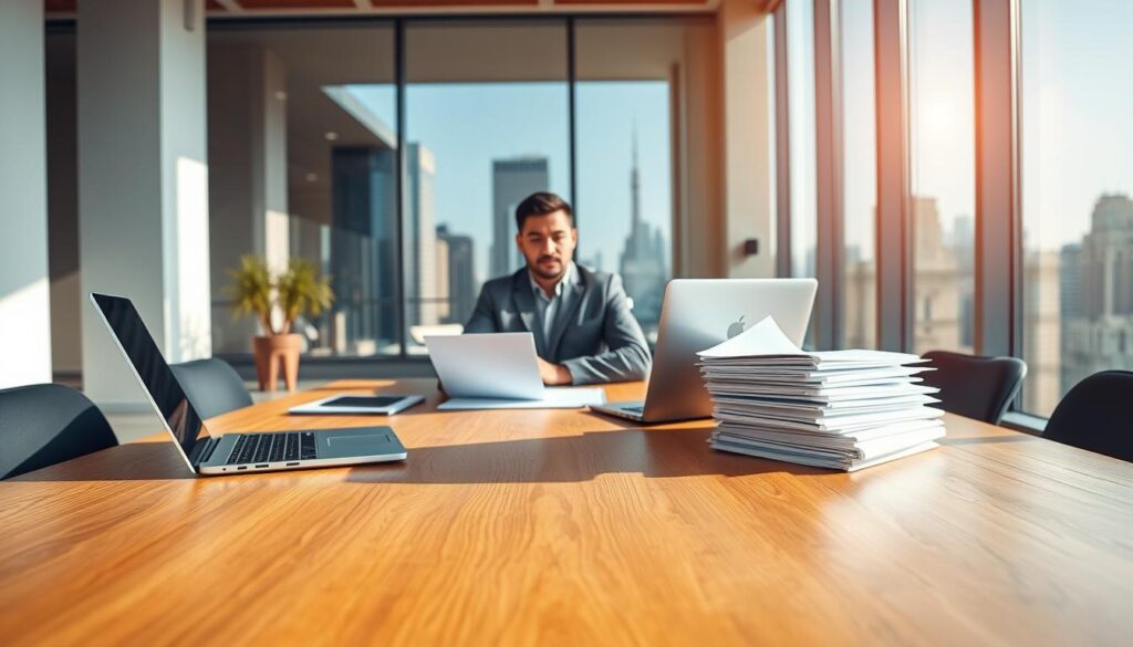 A clean, modern office interior with a large wooden desk in the foreground. On the desk, a laptop, a stack of documents, and a pen. In the middle ground, a confident-looking business person sitting at the desk, working intently. The background features a large window overlooking a cityscape, bathed in warm, natural lighting. The overall atmosphere is one of professionalism, focus, and productivity, conveying the complexities and importance of the credit analysis process. A clean, modern office interior with a large wooden desk in the foreground. On the desk, a laptop, a stack of documents, and a pen. In the middle ground, a confident-looking business person sitting at the desk, working intently. The background features a large window overlooking a cityscape, bathed in warm, natural lighting. The overall atmosphere is one of professionalism, focus, and productivity, conveying the complexities and importance of the credit analysis process.