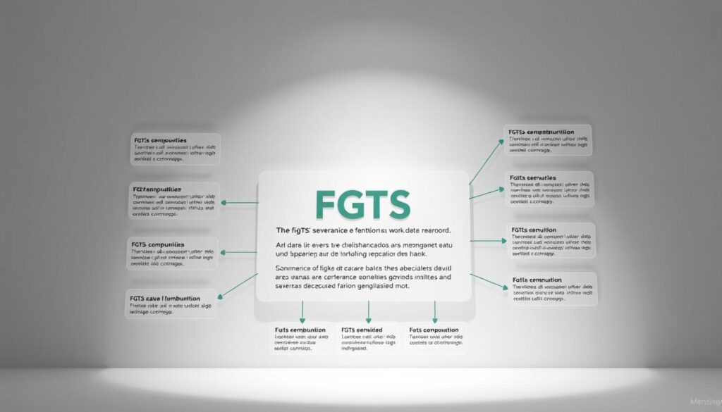 A clear, detailed diagram illustrating the definition and key features of the FGTS (Fundo de Garantia do Tempo de Serviço), a workers' severance fund managed by the Brazilian government. The diagram is rendered in a clean, technical style with minimal clutter, allowing the information to be easily interpreted. The layout consists of a central explanatory section surrounded by labeled callout boxes highlighting the main components and functions of the FGTS system. The diagram is illuminated by soft, directional lighting that emphasizes the three-dimensional form and provides depth and clarity to the visual representation. A clear, detailed diagram illustrating the definition and key features of the FGTS (Fundo de Garantia do Tempo de Serviço), a workers' severance fund managed by the Brazilian government. The diagram is rendered in a clean, technical style with minimal clutter, allowing the information to be easily interpreted. The layout consists of a central explanatory section surrounded by labeled callout boxes highlighting the main components and functions of the FGTS system. The diagram is illuminated by soft, directional lighting that emphasizes the three-dimensional form and provides depth and clarity to the visual representation.